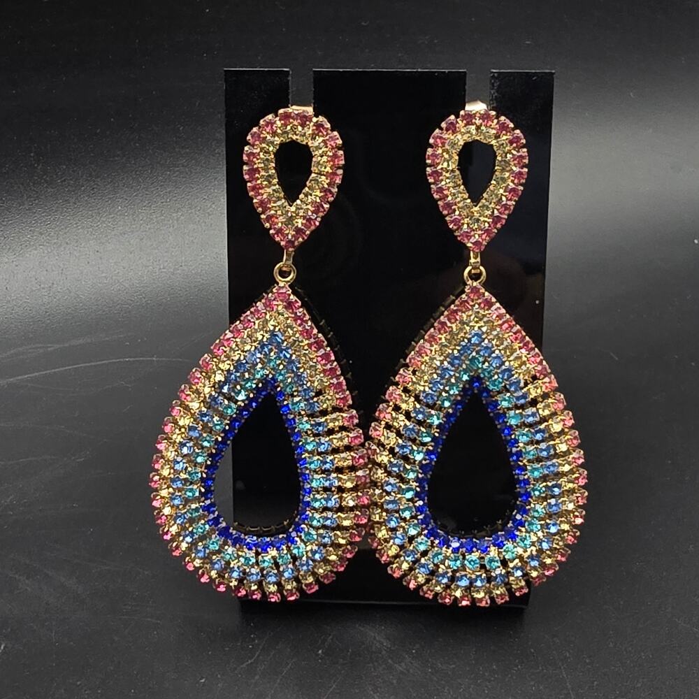 Pink Blue Rhinestone Tear Drop Dangle Earrings Pierced Glam Jewelry